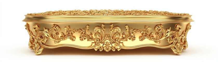 Elegant ornate vintage golden decorative box, white isolated background