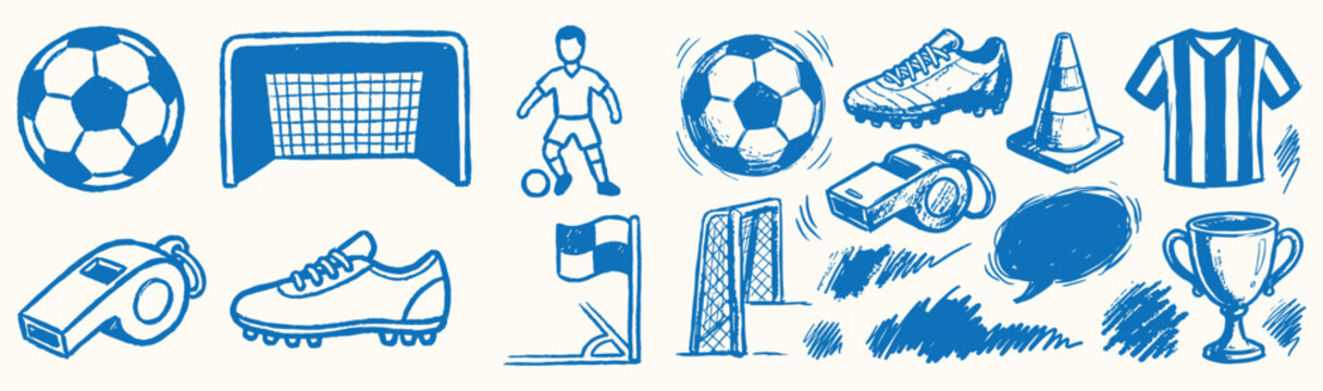 Soccer sports collection features balls, goals, and trophies in a blue athletic doodle style.