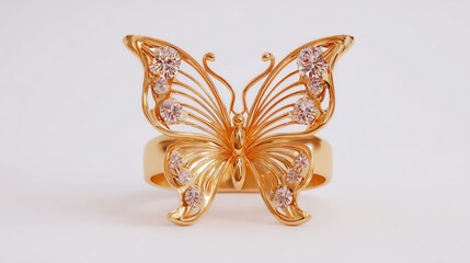 Elegant gold butterfly ring adorned with sparkling diamonds on a white background.