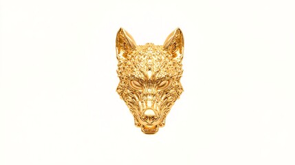 Intricate golden wolf head sculpture on a white isolated background.