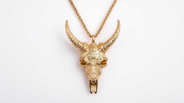 Golden skull pendant on a chain, white isolated background.