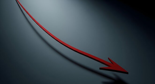 Red arrow graphic pointing downward in a steep curve against a dramatic dark background, symbolizing financial decline and recession risk.