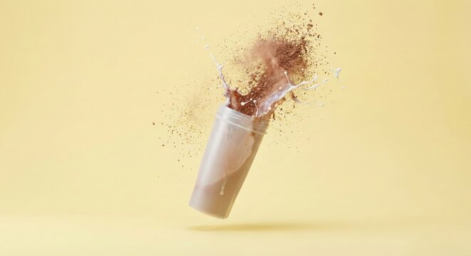 Exploding protein powder container in mid-air against a yellow backdrop, creating a dynamic and energetic scene