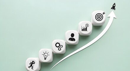 Staircase of Success with Business Icons and Rocket