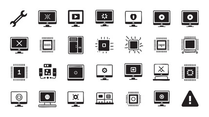 Fototapeta premium Computer Error Icons Set with Warning Signs and Monitors