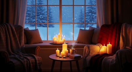 Cozy Winter Night - Candles and Snow-Covered Trees Outside the Window.