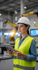 Fototapeta premium Female engineer in protective hard hat and vest managing smart factory automation with a tablet