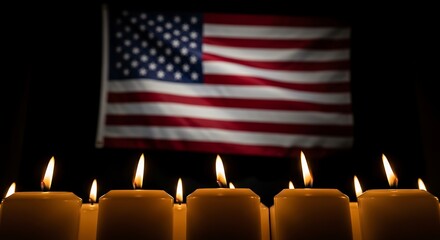 Candles Burning in Remembrance with American Flag Backdrop.