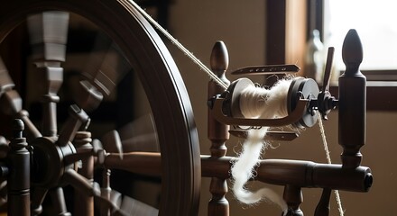 Antique spinning wheel in operation, creating yarn with wool.