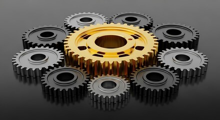 Golden Gear Surrounded by Gray Gears on Dark Surface.