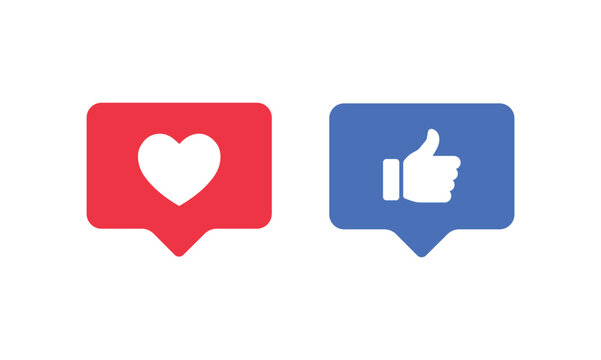 Like and love icon button. Thumbs up and heart flat icon in modern speech bubble shapes , Social media notification icons. emoji post reactions set. eps vector file.