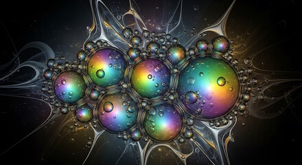 Abstract Rainbow Spheres with Fractal-like Extensions on Dark Background.