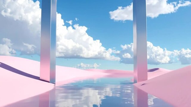 Surreal landscape with pink sand dunes, reflective water, and a silver archway under a cloudy sky.