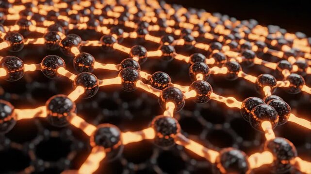 Close-up view of a carbon nanostructure with a hexagonal pattern highlighted by an orange neon glow. video