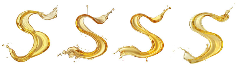 golden liquid splash letter s on white background.