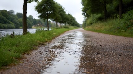 Obraz premium A wet gravel path glistening with puddles winds alongside a calm river bordered by green trees under an overcast sky
