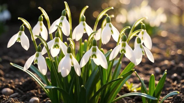 Cluster of delicate white snowdrops with green markings, backlit by sun
