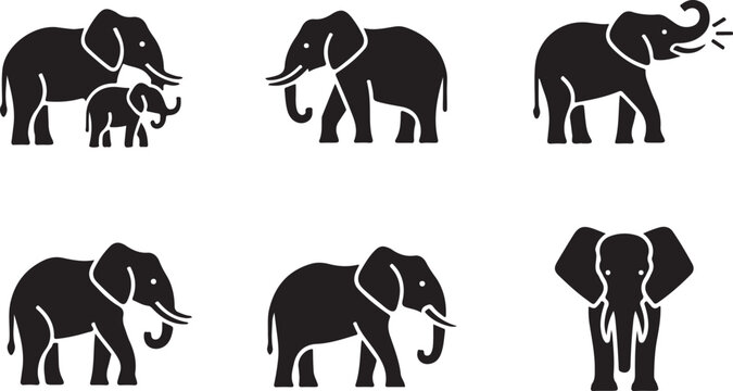 Six black silhouettes of elephants in various poses on a white background