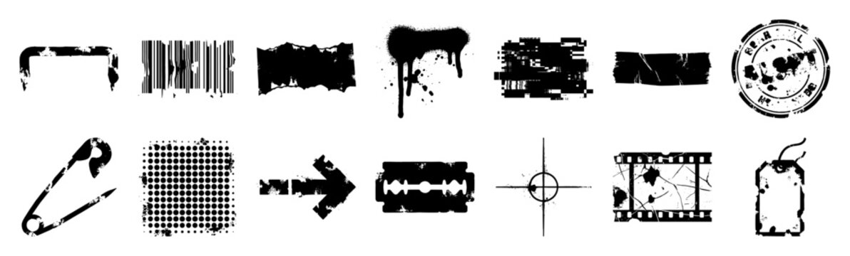 Grungy Distorted Street Art Elements Asset Sheet for Industrial Underground Punk Design and Urban Scrapbooking