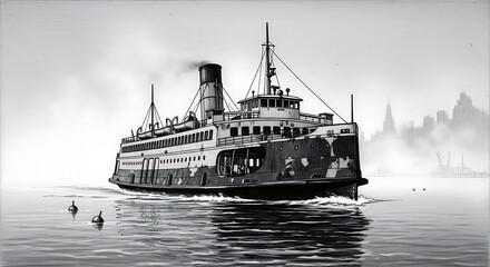 Fototapeta premium Vintage black and white photograph of a classic steam ferry sailing on calm water.