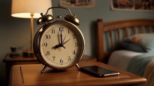 Alarm clock on nightstand beside phone in a cozy bedroom