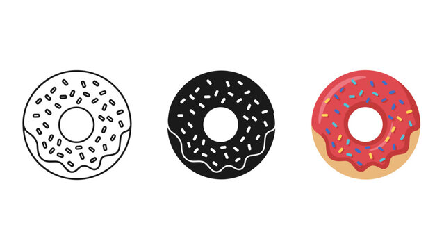Three donuts with different toppings are shown Vector