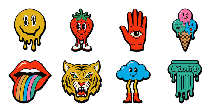 Retro Psychedelic Pop Art Sticker Set, Vector Illustration