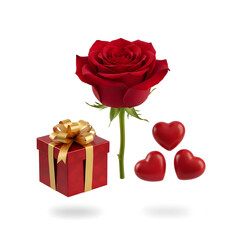 Happy valentines day decoration with gift box, heart shape balloon, 3D rendering illustration