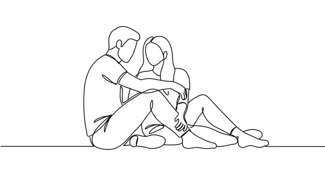 Line drawing of a couple sitting close together with arms around each other on a transparent background, expressing affection and intimacy in a minimalist style.