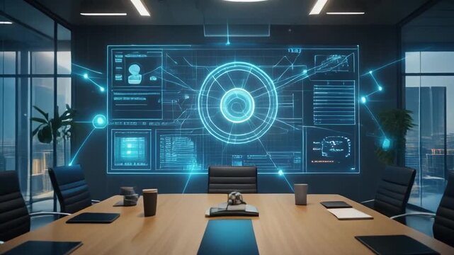 Conference room with digital interface and meeting setup