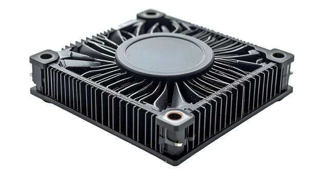Black metallic square heat sink with radial fins and central circular element