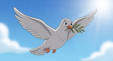 Obraz premium A white dove flies in a blue sky with a green branch
