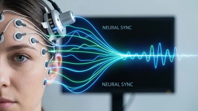 Collaborative intelligence neurotechnology headset with electrodes and EEG sensors visualizing neural wave brainwave sync and waveform monitoring