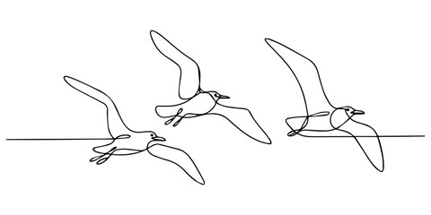 Seagulls Flying Against continuous one line drawing, Elegant minimalist line art illustration of a seagull in soaring flight motion on a pristine white, Continuous line art drawing of a flying bird. © Gerish