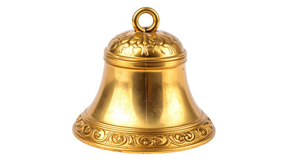 A detailed, golden bell with a decorative top, ornate base, and attached ring