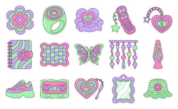 Retro Y2K Aesthetic 90s Nostalgia Flat Vector Element Kit for Gen Z Graphic Design and Scrapbooking