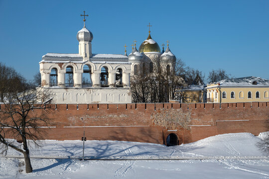 Winter day at the walls of the ancient Novgorod Kremlin. Russia