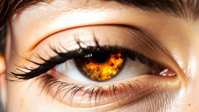 Extreme close-up of a human eye with a vibrant orange and yellow fiery iris and detailed eyelashes
