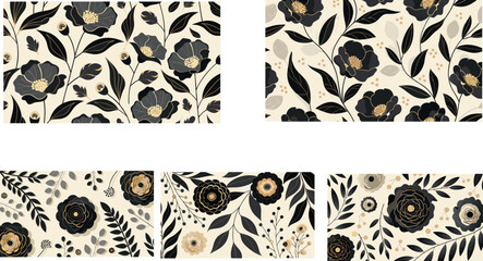  Elegant black and gold floral seamless pattern collection with botanical elements