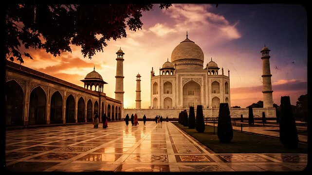 Majestic Taj Mahal mausoleum in Agra, India, illuminated by the warm glow of a dramatic sunset sky over its stunning marble architecture.