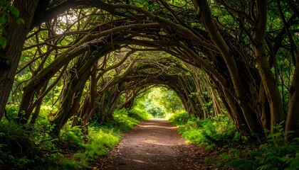 Fototapeta premium A tranquil pathway bordered by lush greenery and intertwined branches, creating a natural archway