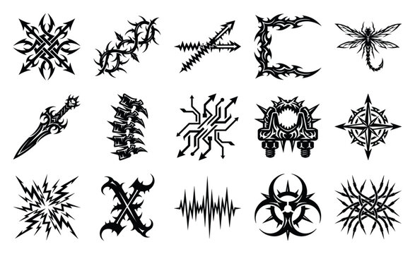 Tribal Cyberpunk Neo-Chrome Graphic Asset Sheet for Alternative Streetwear and Edgy Digital Branding