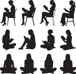 silhouettes of women sitting and reading on white background