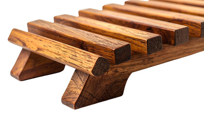 Angled close-up of a warm-toned wooden trivet with a slatted top and supporting legs