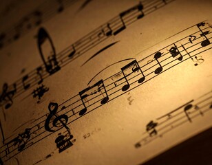 Close-up of aged sheet music with treble clef and musical notes