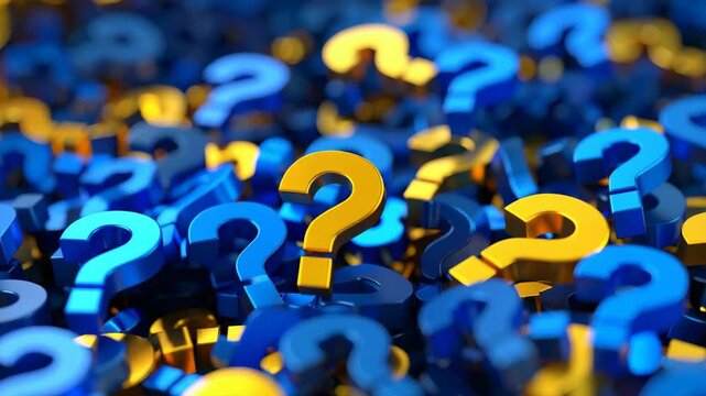 Pile of 3D blue and yellow question marks with shallow depth of field