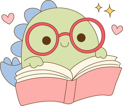 Cute dinosaur character wearing glasses, reading book with joyful expression. design features pastel colors and playful