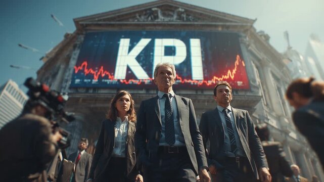 In the heart of a bustling city, business leaders step forward, unified in their focus on key performance indicators.