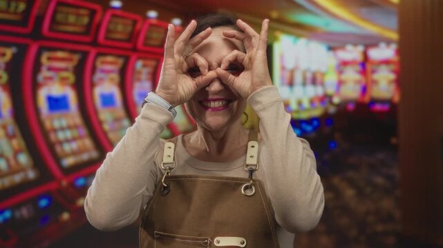 Hispanic woman wearing apron makes hand binoculars gesture to eyes at casino slot machine; playfulness exploration joy fun.