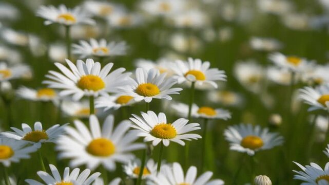 White daisies in full bloom in a lush green field on a sunny day